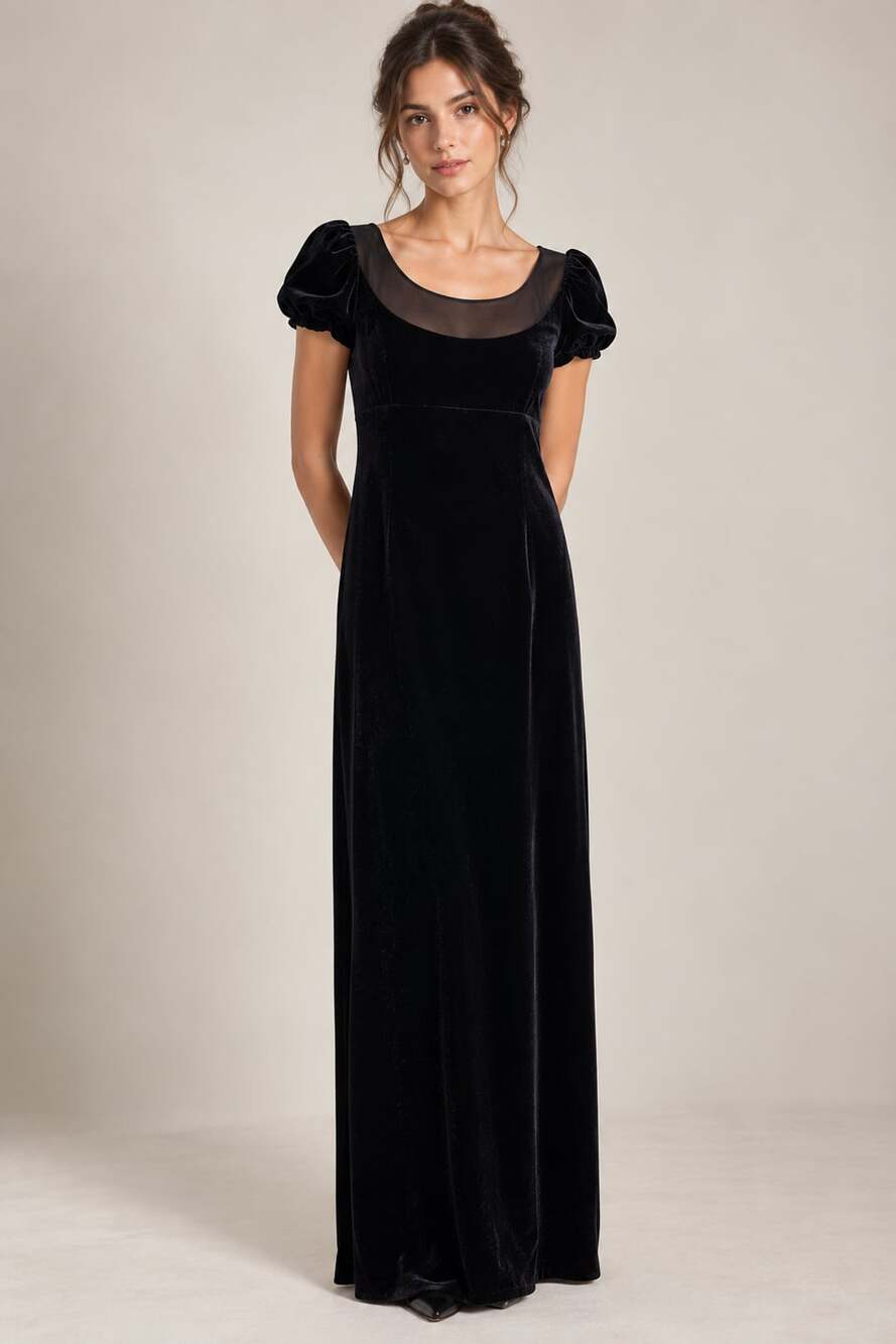 Vintage Rimini by Shaw Black Velvet Maxi Dress Size 10 Puff Sleeve Goth Formal